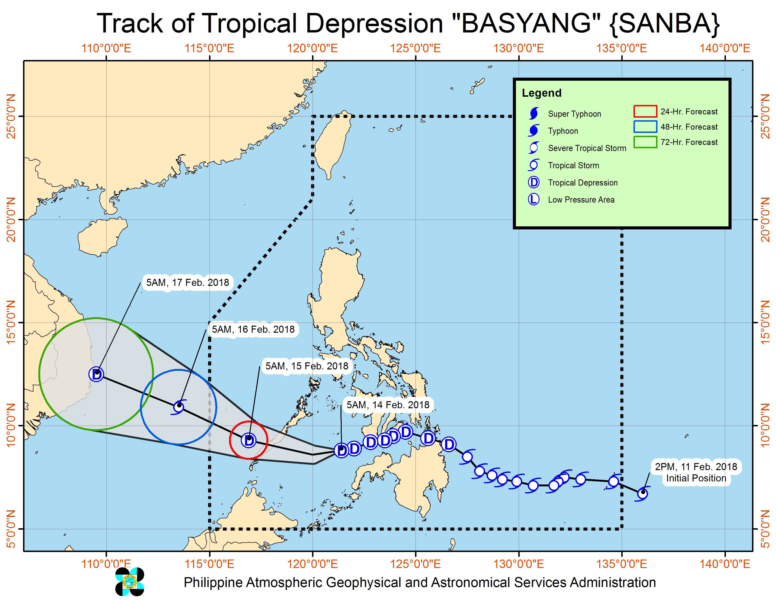 Forecast track of Tropical Depression Basyang as of February 14, 8 am. Image courtesy of PAGASA 