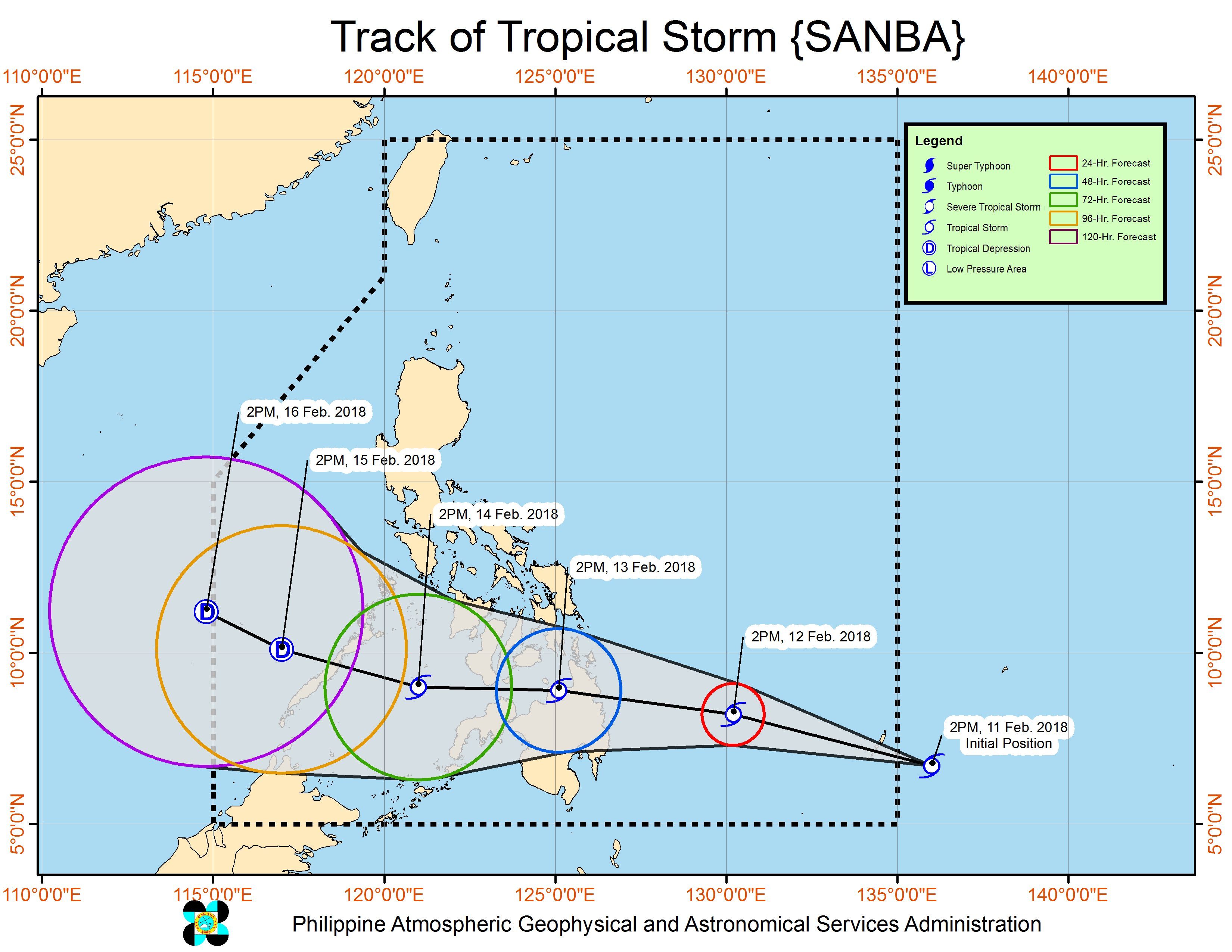 Forecast track of Tropical Storm Sanba as of February 11, 5 pm. Image courtesy of PAGASA 