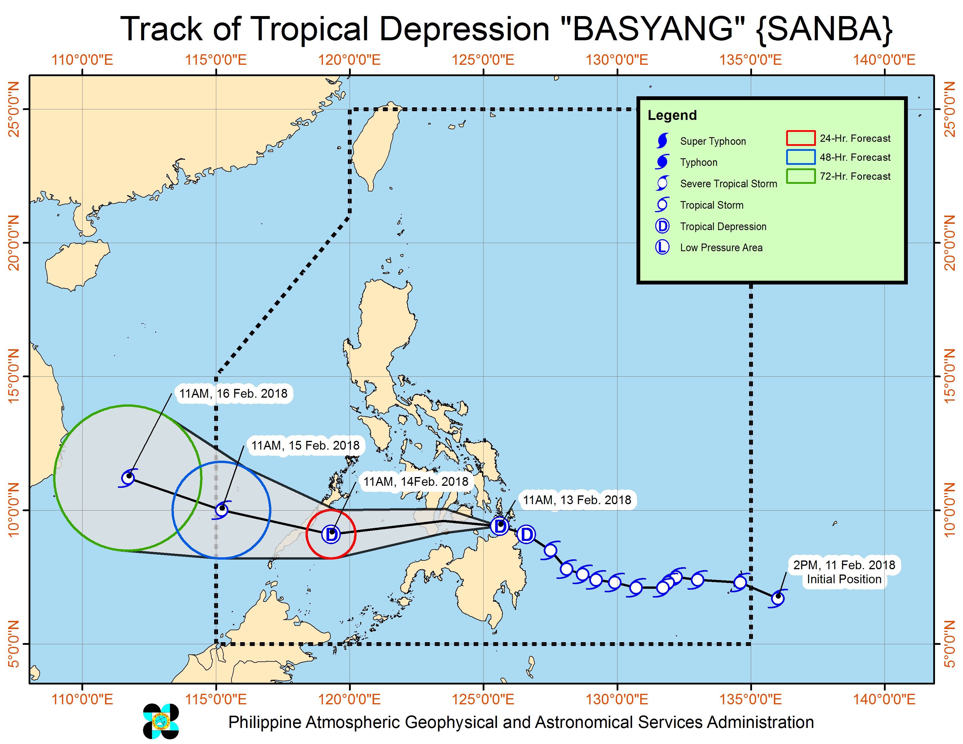 Forecast track of Tropical Depression Basyang as of February 13, 2 pm. Image courtesy of PAGASA 