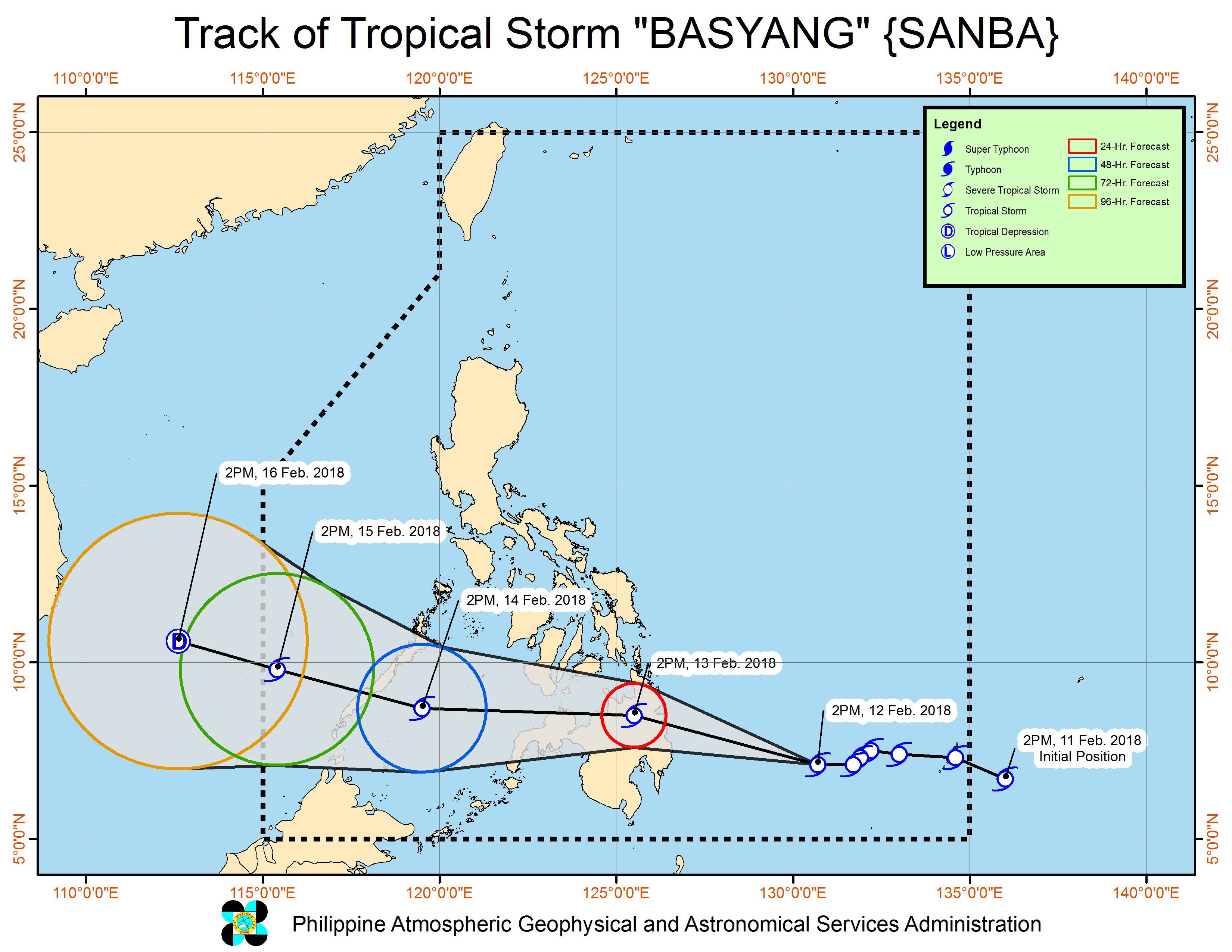 Forecast track of Tropical Storm Basyang as of February 12, 5 pm. Image courtesy of PAGASA 