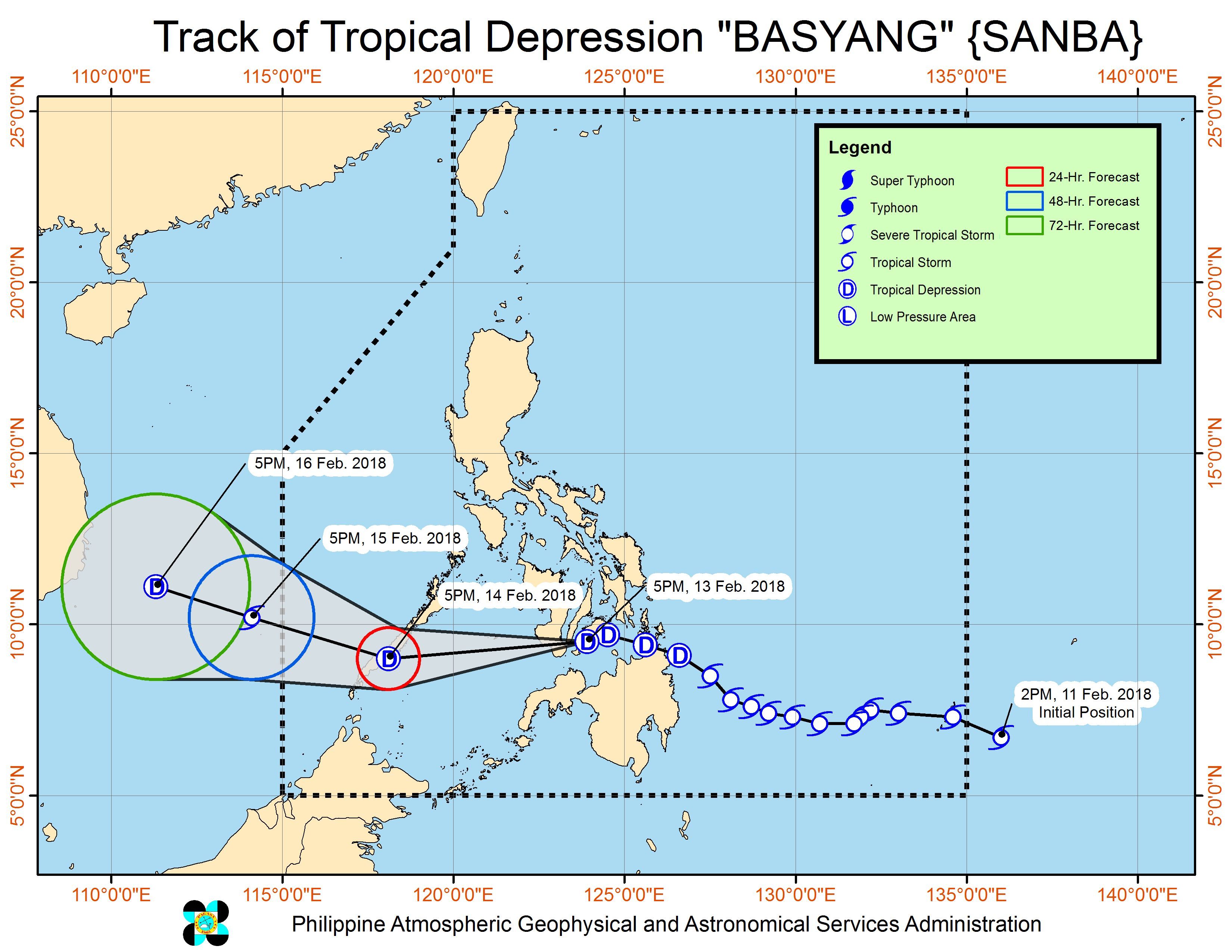 Forecast track of Tropical Depression Basyang as of February 13, 8 pm. Image courtesy of PAGASA 