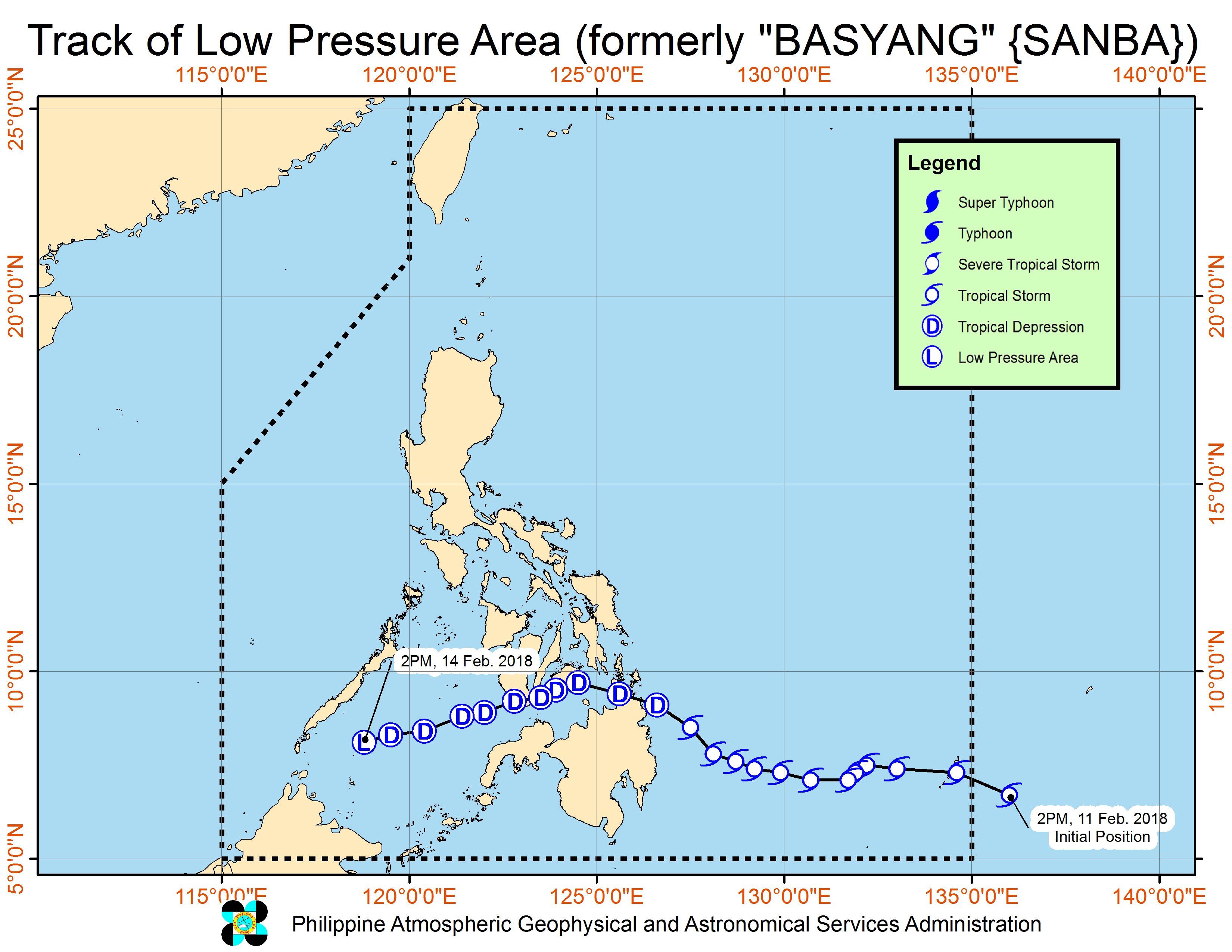 Forecast track of low pressure area as of February 14, 5 pm. Image courtesy of PAGASA 