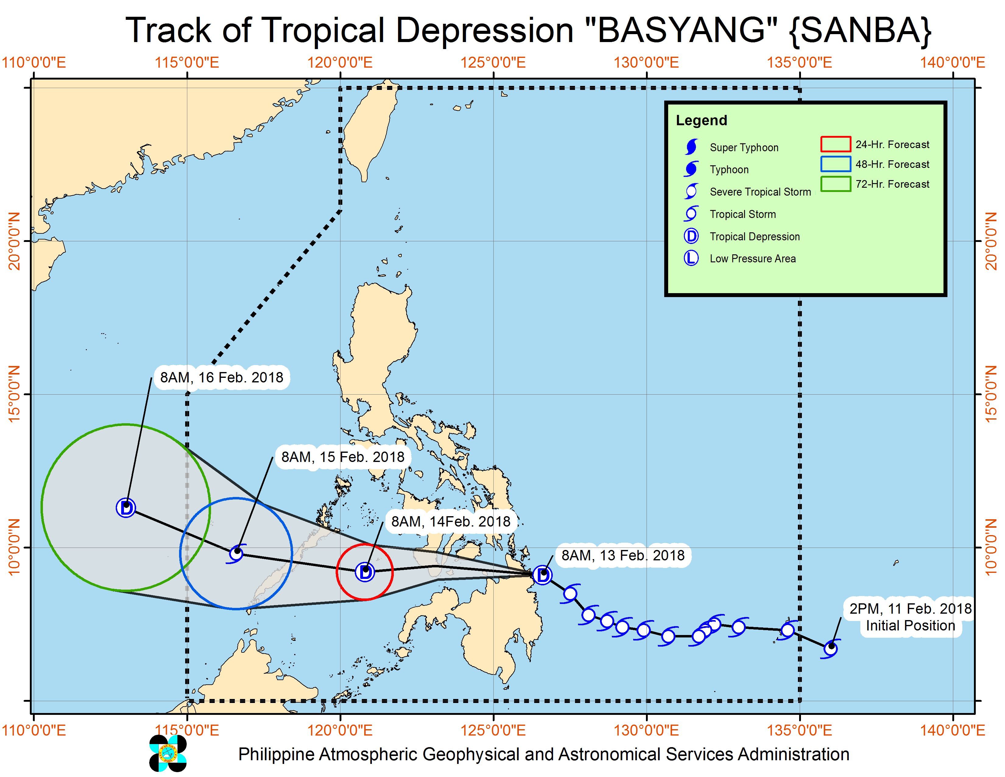 Forecast track of Tropical Depression Basyang as of February 13, 11 am. Image courtesy of PAGASA 