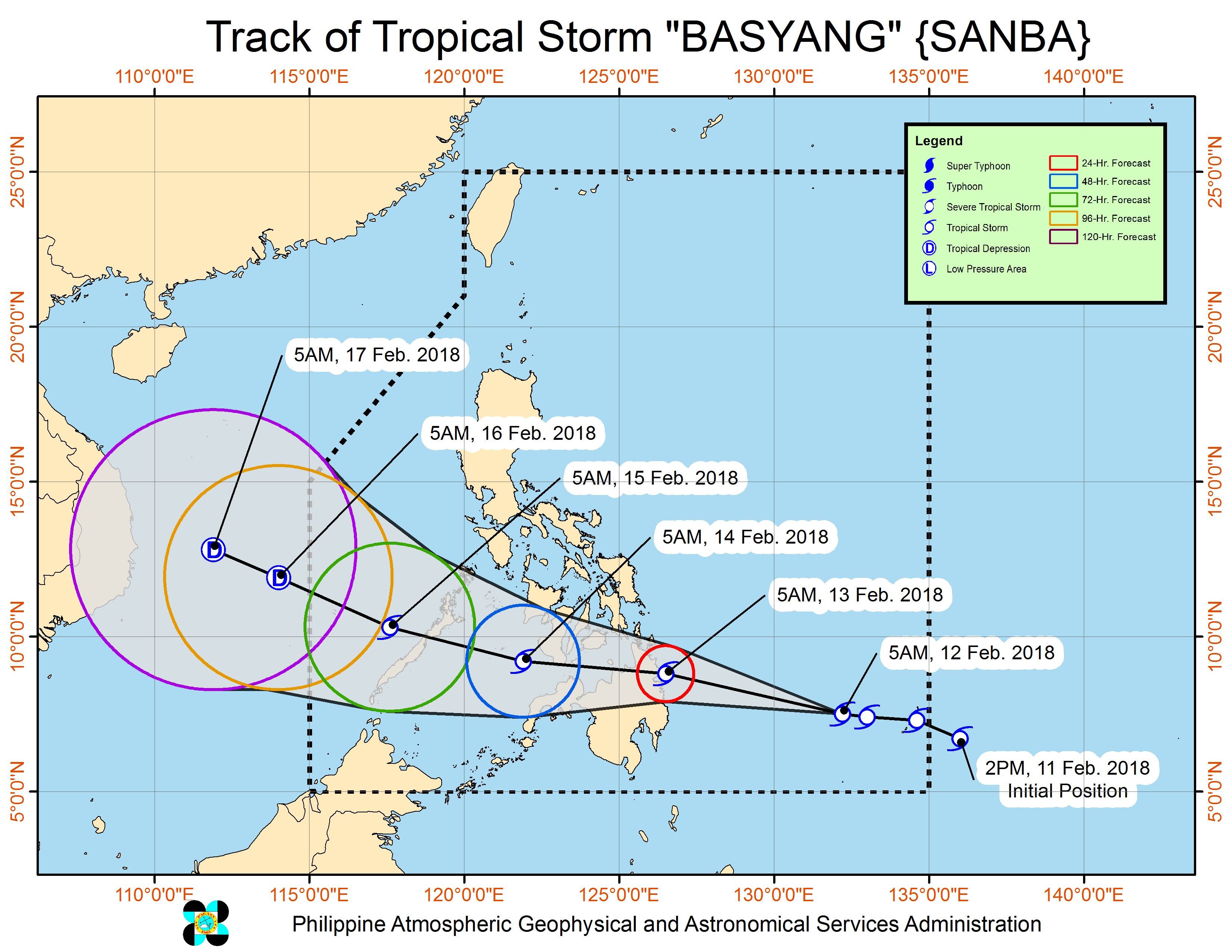 Forecast track of Tropical Storm Basyang as of February 12, 8 am. Image courtesy of PAGASA 