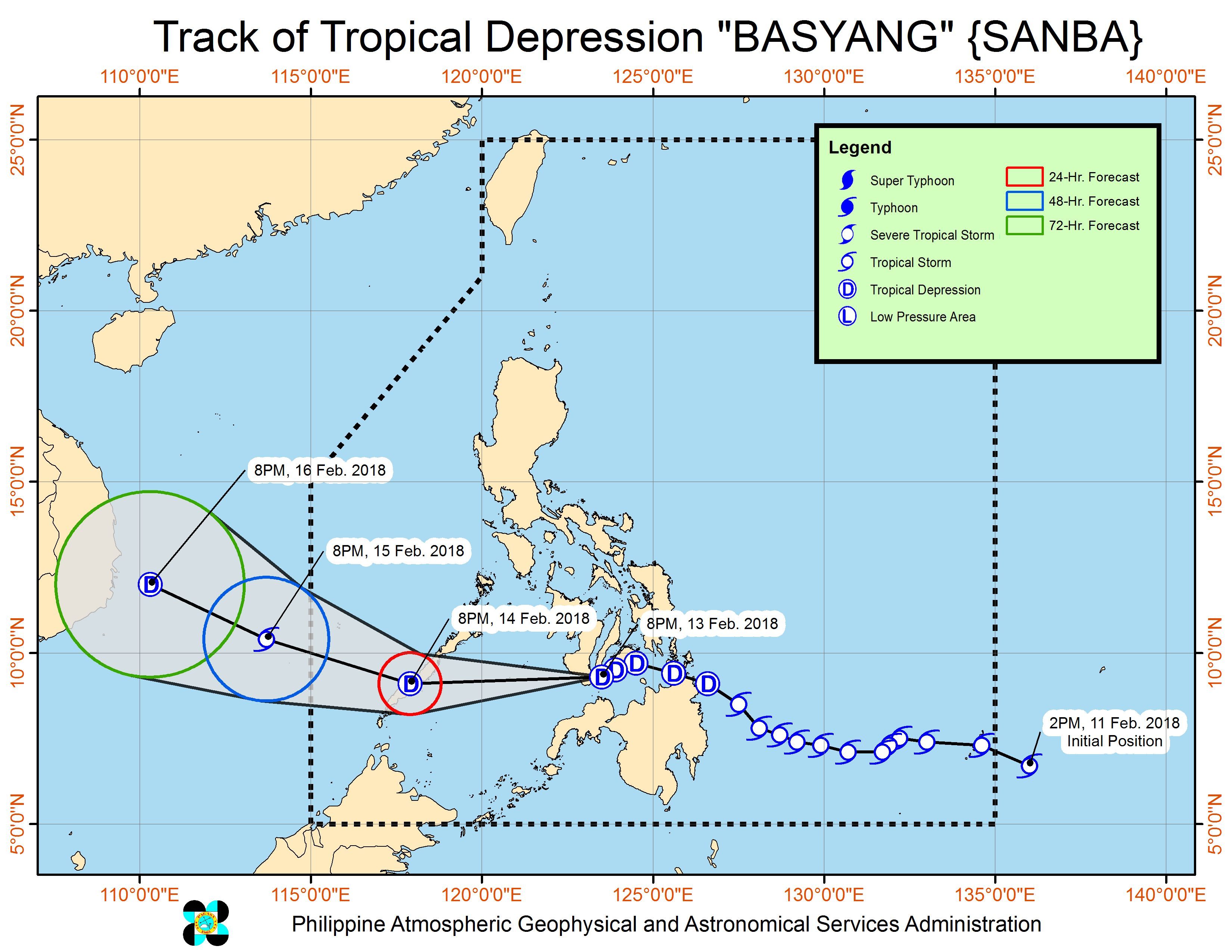 Forecast track of Tropical Depression Basyang as of February 13, 11 pm. Image courtesy of PAGASA 