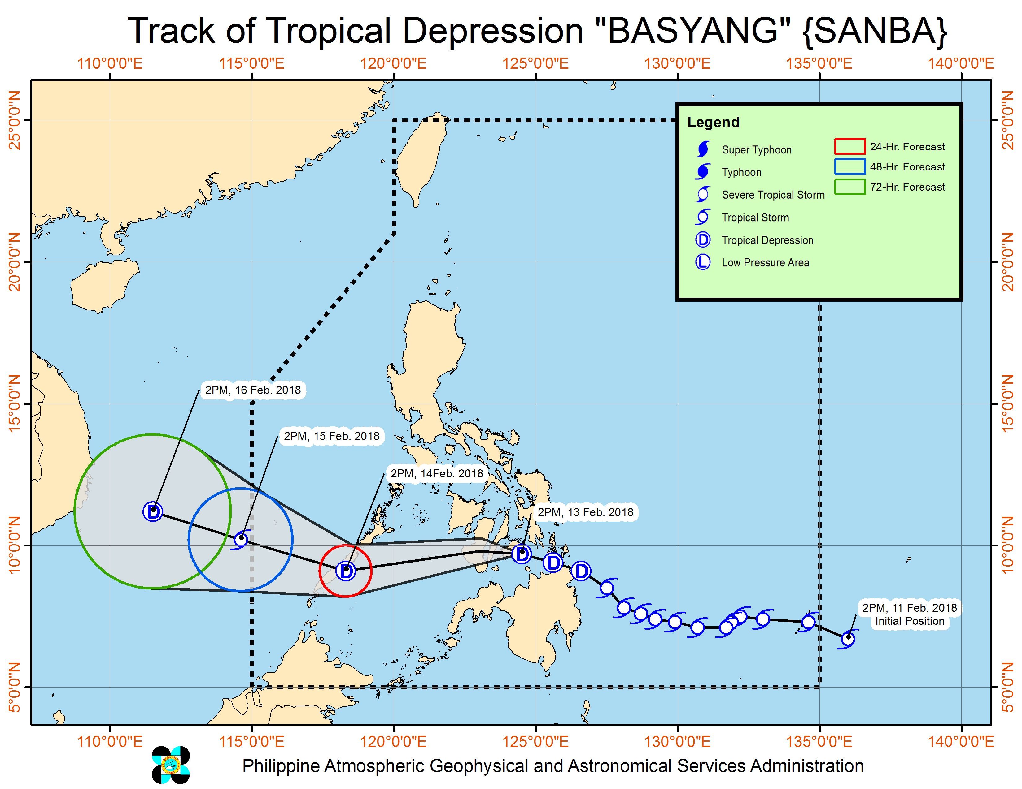 Forecast track of Tropical Depression Basyang as of February 13, 5 pm. Image courtesy of PAGASA 