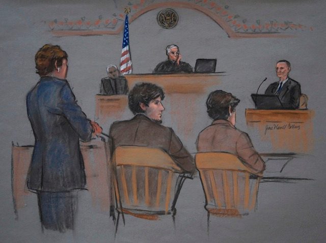 TRIAL. An artist's sketch shows defendant Dzhokhar Tsarnaev (C) as he and his attorney's listen to testimony in the John Joseph Moakley Federal Courthouse on the second day of the trial of suspected Boston Marathon Bomber Tsarnaev, in Boston, Massachusetts, USA, 05 March 2015. Jane Falvell Collins/EPA 