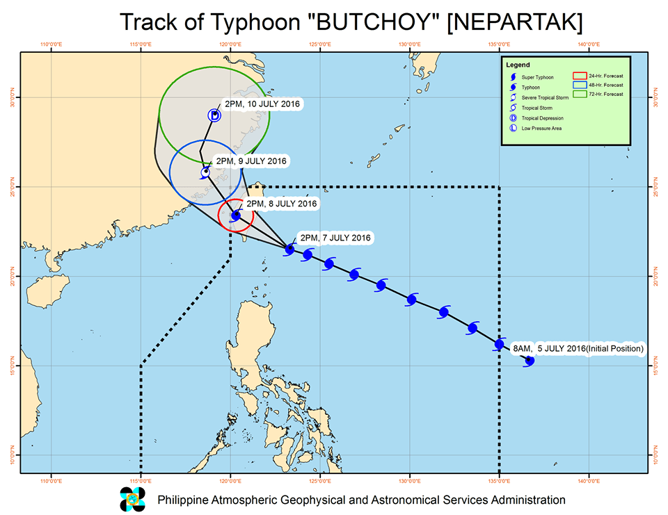 Forecast track of Typhoon Butchoy as of July 7, 5 pm. Image courtesy of PAGASA  