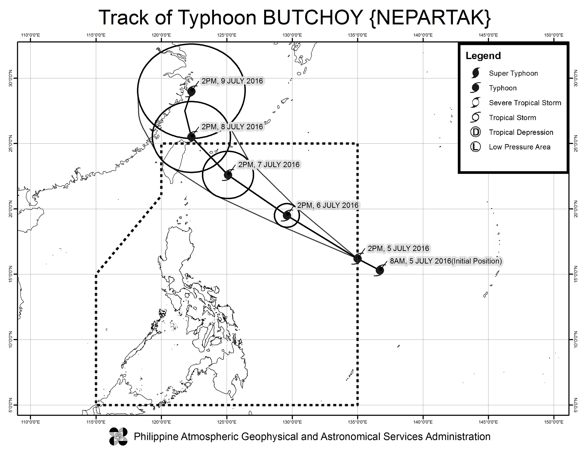 Forecast track of Typhoon Butchoy as of July 5, 5 pm. Image courtesy of PAGASA  