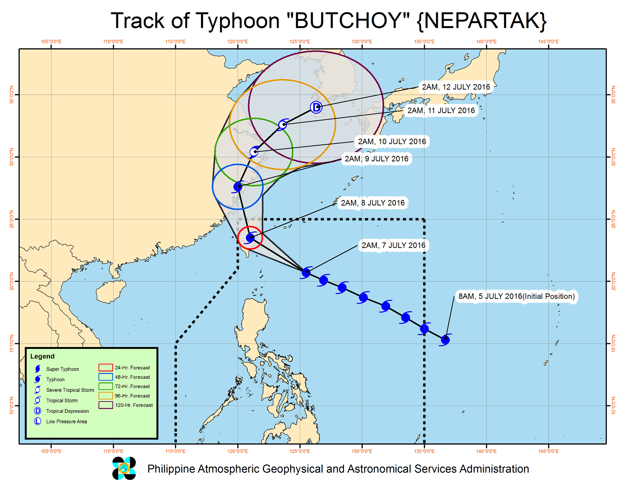 Forecast track of Typhoon Butchoy as of July 7, 5 am. Image courtesy of PAGASA  