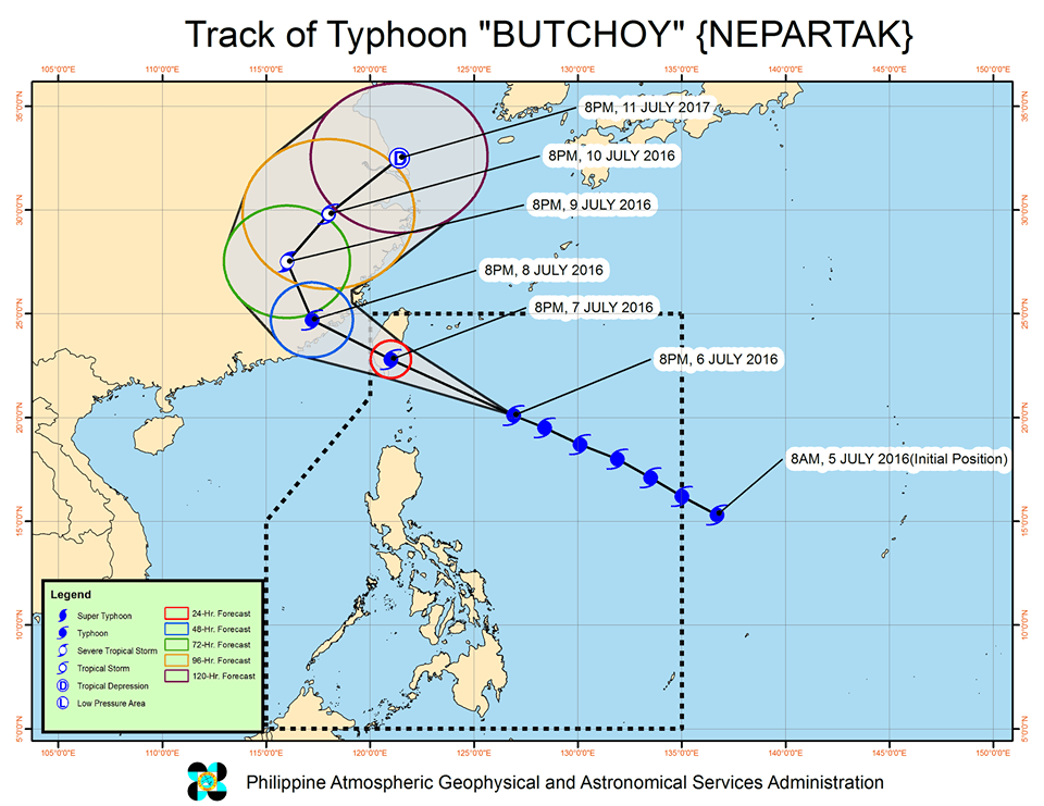 Forecast track of Typhoon Butchoy as of July 6, 11 pm. Image courtesy of PAGASA   