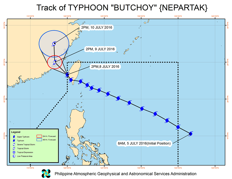 Forecast track of Typhoon Butchoy as of July 8, 5 pm. Image courtesy of PAGASA 