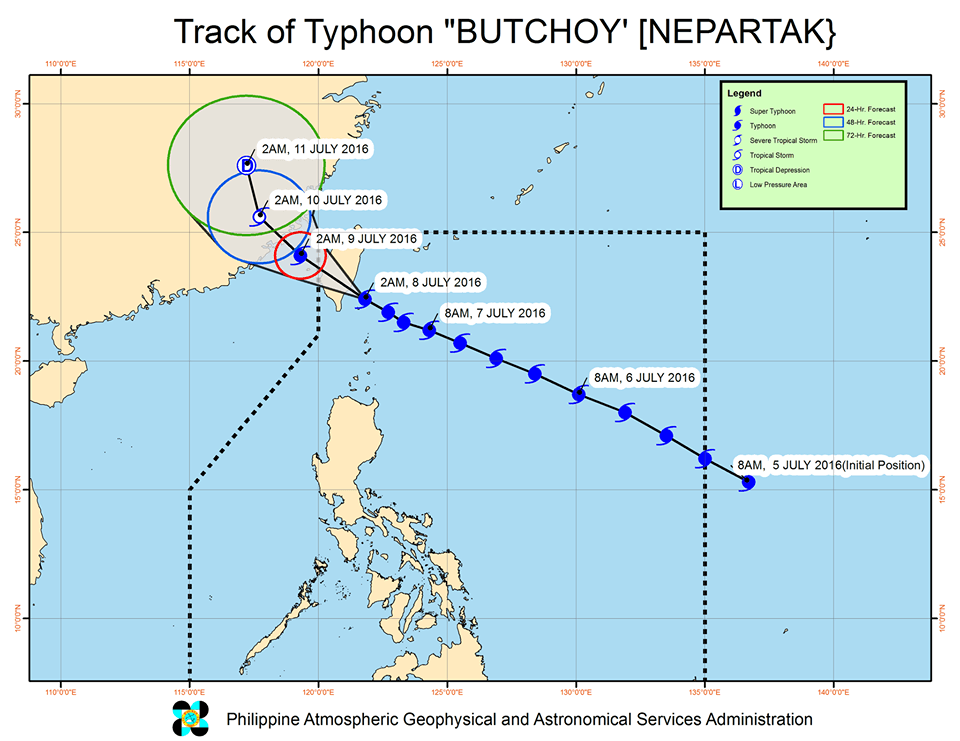 Forecast track of Typhoon Butchoy as of July 8, 5 am. Image courtesy of PAGASA  