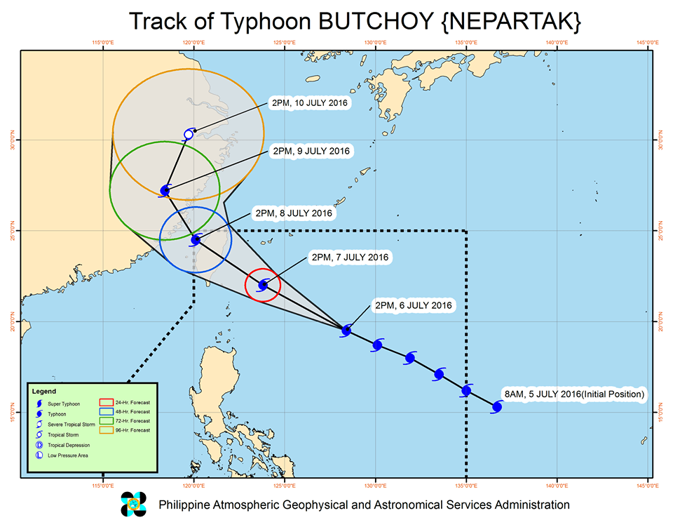 Forecast track of Typhoon Butchoy as of July 6, 5 pm. Image courtesy of PAGASA 