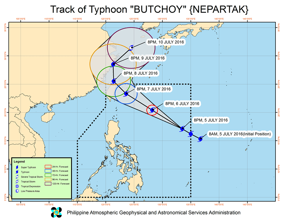 Forecast track of Typhoon Butchoy as of July 5, 11 pm. Image courtesy of PAGASA 