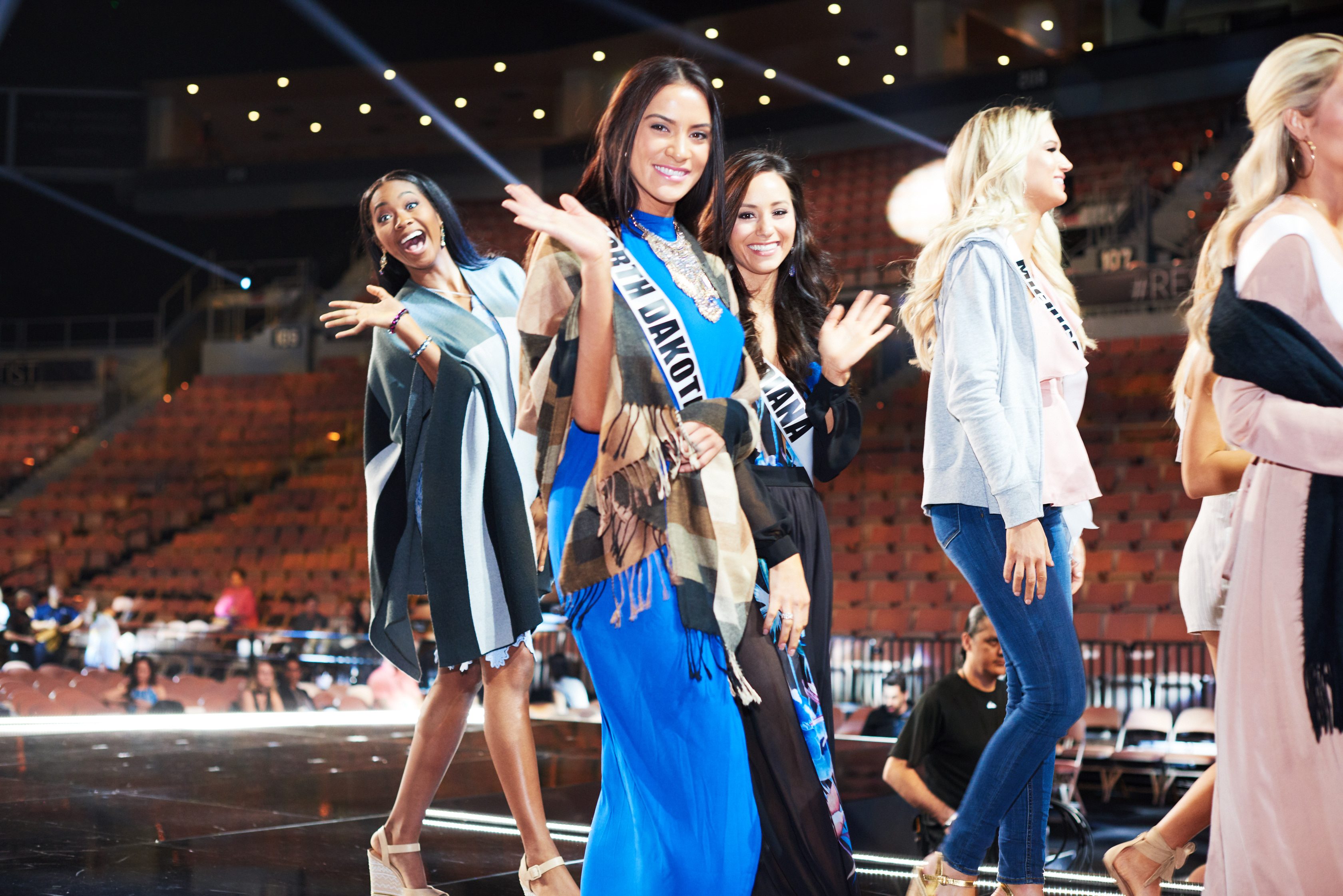 REHEARSALS. Bayleigh Dayton, Miss Missouri USA 2017; Raquel Wellentin, Miss North Dakota USA 2017; and Brittany Winchester, Miss Indiana USA 2017; on stage during rehearsal at Mandalay Bay Resort and Casino on May 13, 2017. Photo courtesy of HO/The Miss Universe Organization  