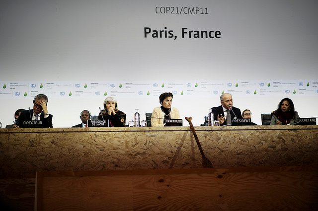 TOP GUNS. French Foreign Minister Laurent Fabius (2nd from right) speaks during the Comité de Paris meeting, at the COP21 climate change conference in Le Bourget, France, December 9, 2015. Also in photo are France's chief climate negotiator Laurence Tubiana (2nd from left) and UN climate chief Christiana Figueres (center). Photo by Benjamin Géminel/COP21 