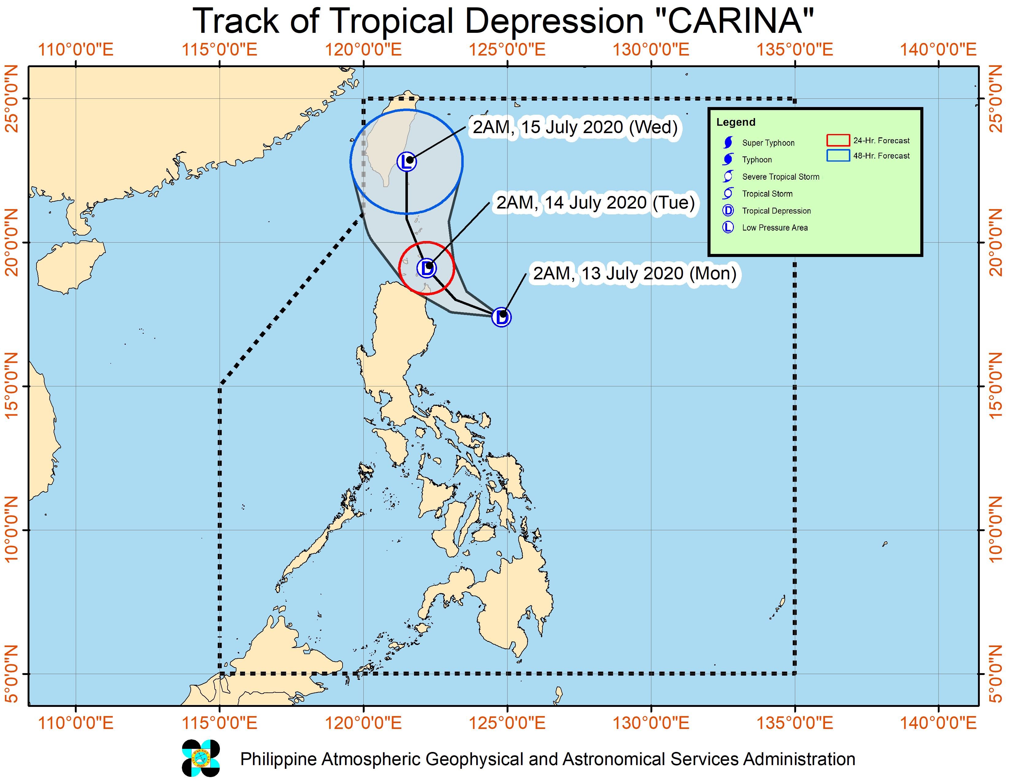 Forecast track of Tropical Depression Carina as of July 13, 2020, 5 am. Image from PAGASA 