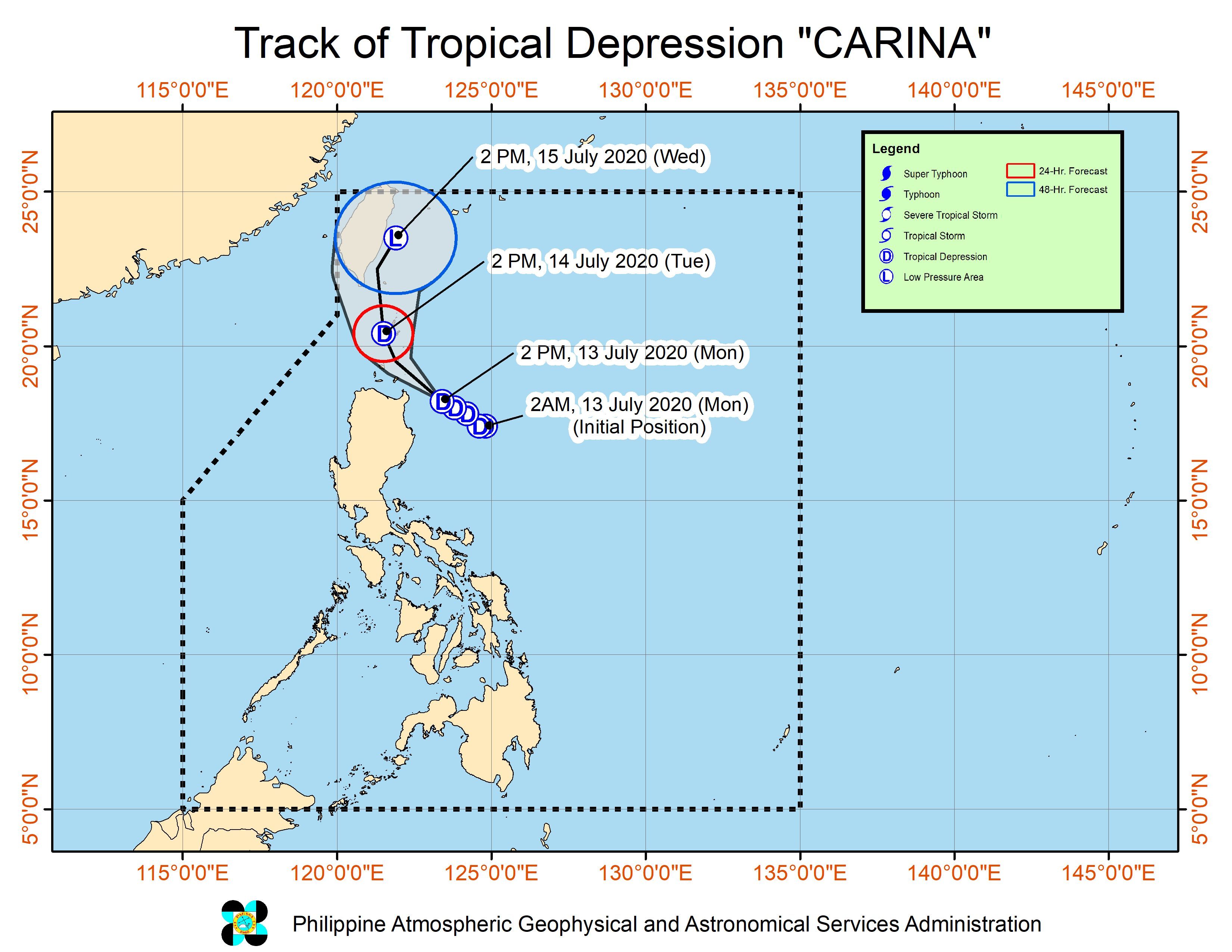 Forecast track of Tropical Depression Carina as of July 13, 2020, 5 pm. Image from PAGASA 