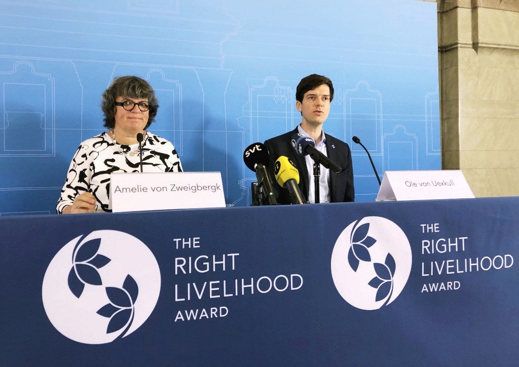 RIGHT LIVELIHOOD AWARD. Amelie von Zweigbergk (L) and Ole von Uxekull announce the laureates for 2019 Right Livelihood Award during a press conference in Stockholm, on September 25, 2019. Photo by Tove Erikkson/TT News Agency/AFP 