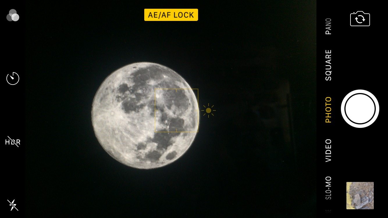USE YOUR FINGERS. To get the right light balance and focus, tap and hold the screen for a few seconds where the moon is and wait foe the yellow AE/AF LOCK indicator to appear. Slide the sun icon to lighten or darken the exposure. Drag it down to lower the exposure.  