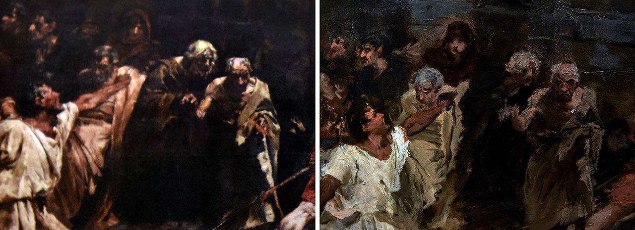 MORE DRAMATIC. The chiaroscuro in the final piece (left) Is significantly darker and features what appear to damp stone walls in the background, while the boceto has broad outlines that merely indicate the surface. 