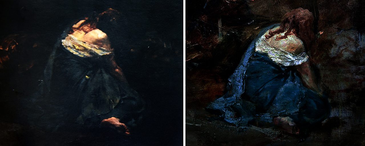 INTERESTING FEATURE. The grieving woman is how Luna’s vision is actualized from the boceto to the finished masterpiece. In the final piece (left) every line of her body speaks of desolation: her head hangs lower just as her shoulders slump further down, making the curve of her form seem exaggerated.  