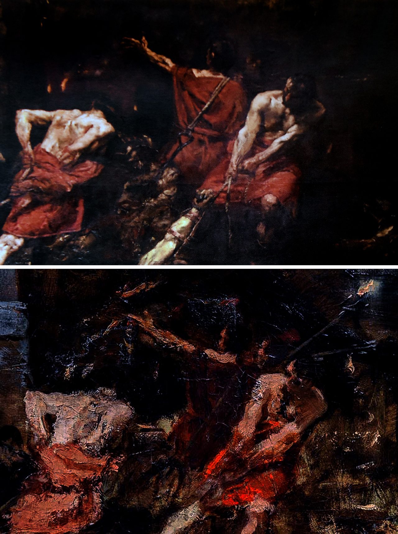 PLUS AND MINUS. One of the more immediately noticeable differences between the final and the boceto is the non-inclusion of the torch (upper right, bottom photo). It has been either intentionally removed or obscured. The profile of the man dressed in red tunic is turned differently in the iteration facing him father away from the viewer. The boceto (bottom) features no specific source of light as the focus is clearly in the organization of various elements.
  