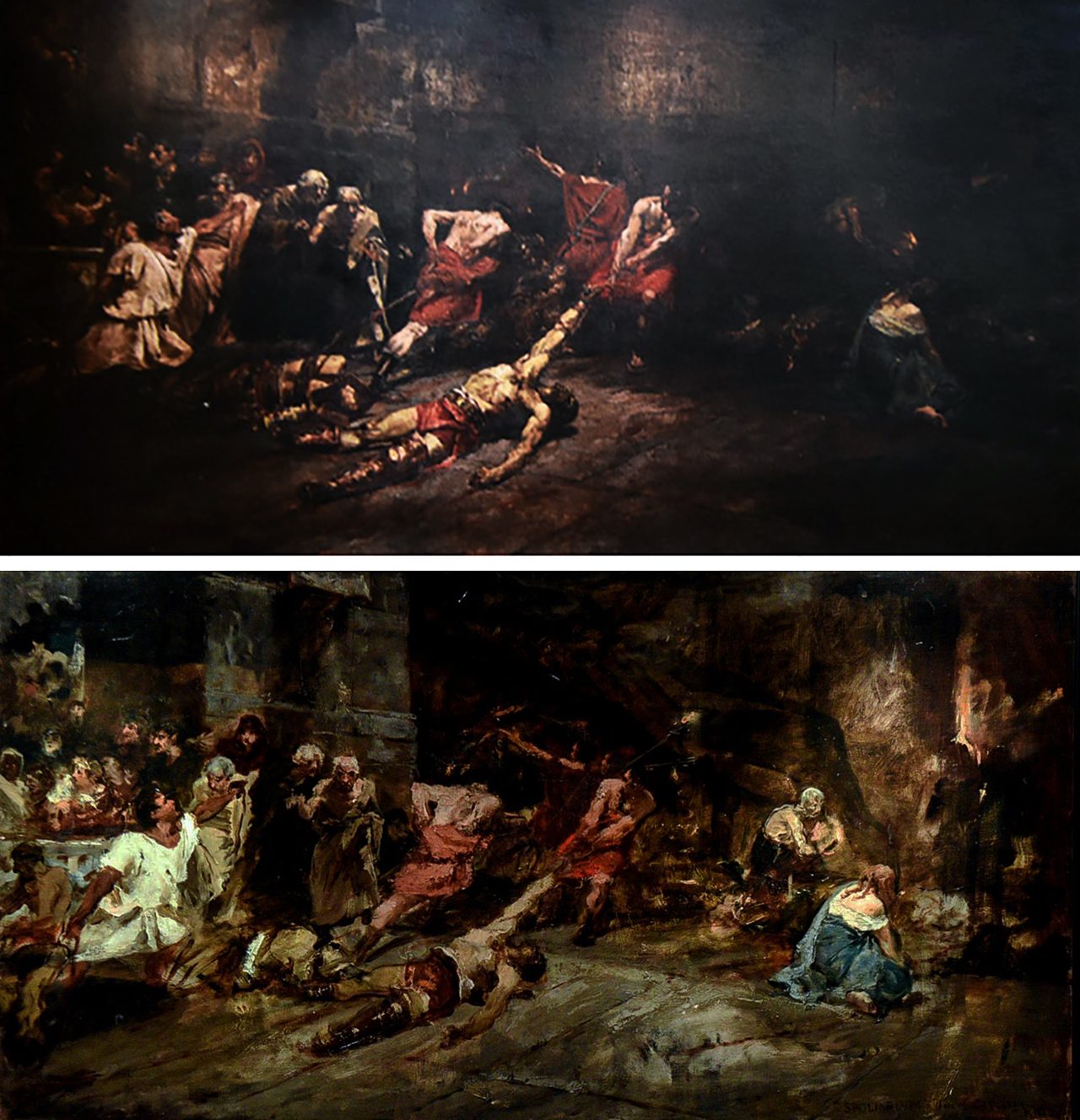 FINAL VS STUDY. The boceto (bottom) appears to be very different stylistically from the finished Spolarium. The source of light in the final painting reinforces the sense of being underground. Darkness plays a key role in the viewer’s experience of space, with its near black corners hemming in the macabre of scene. 