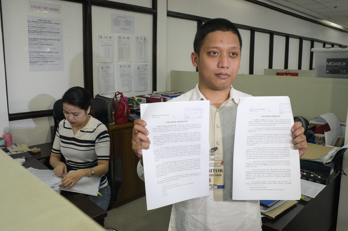 CYBER LIBEL. Rappler's counsel files a counter-affidavit for the cyber libel complaint against Rappler's Maria Ressa and Reynaldo Santos at the NBI cybercrime office on February 1, 2018. Photo by LeAnne Jazul/Rappler  