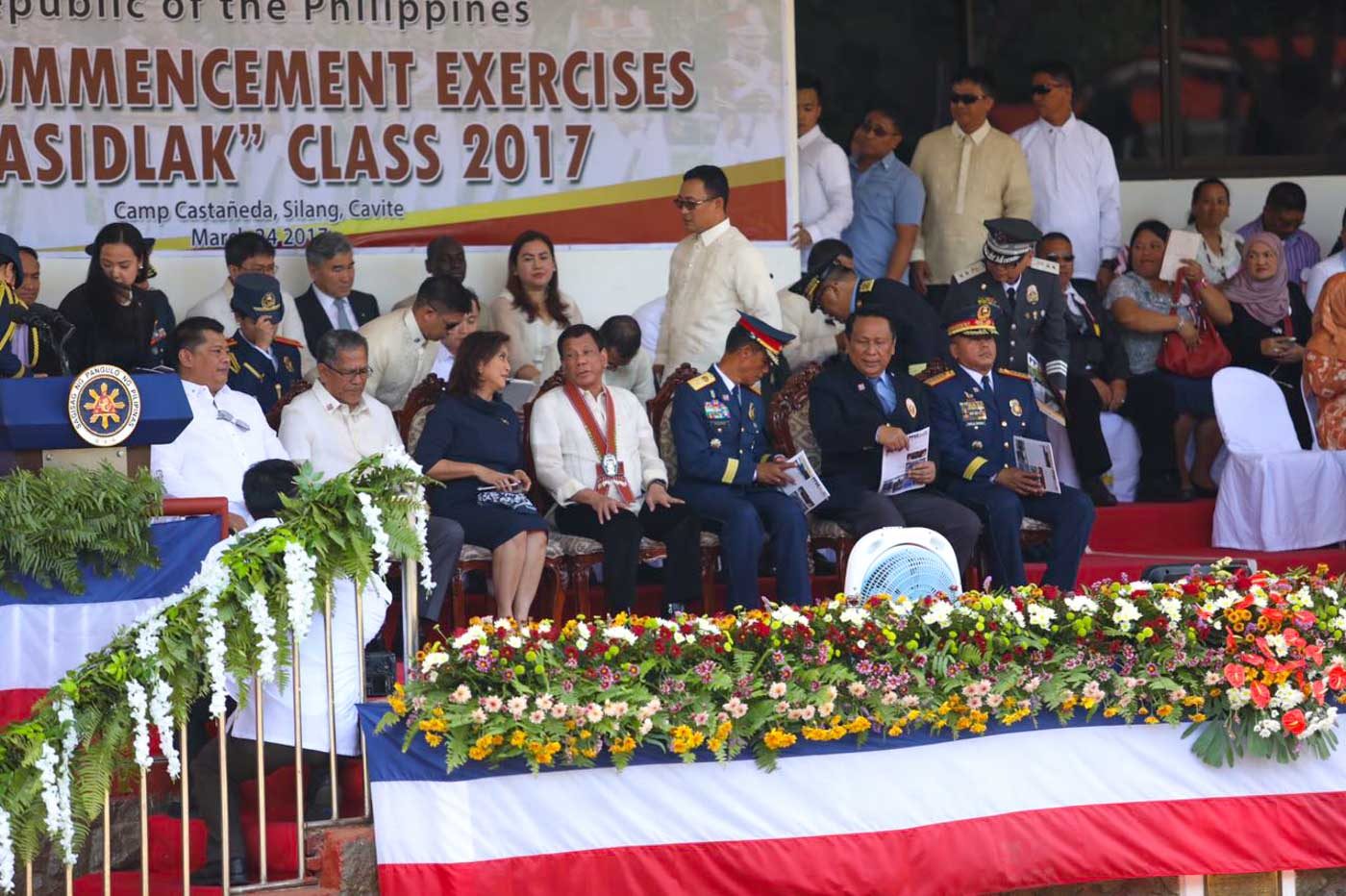 WHAT DID THEY TALK ABOUT? Vice President Leni Robredo and President Rodrigo Duterte chat at the Commencement Exercises of Philippine National Police Academy Class 2017. Photo from Office of the Vice President  