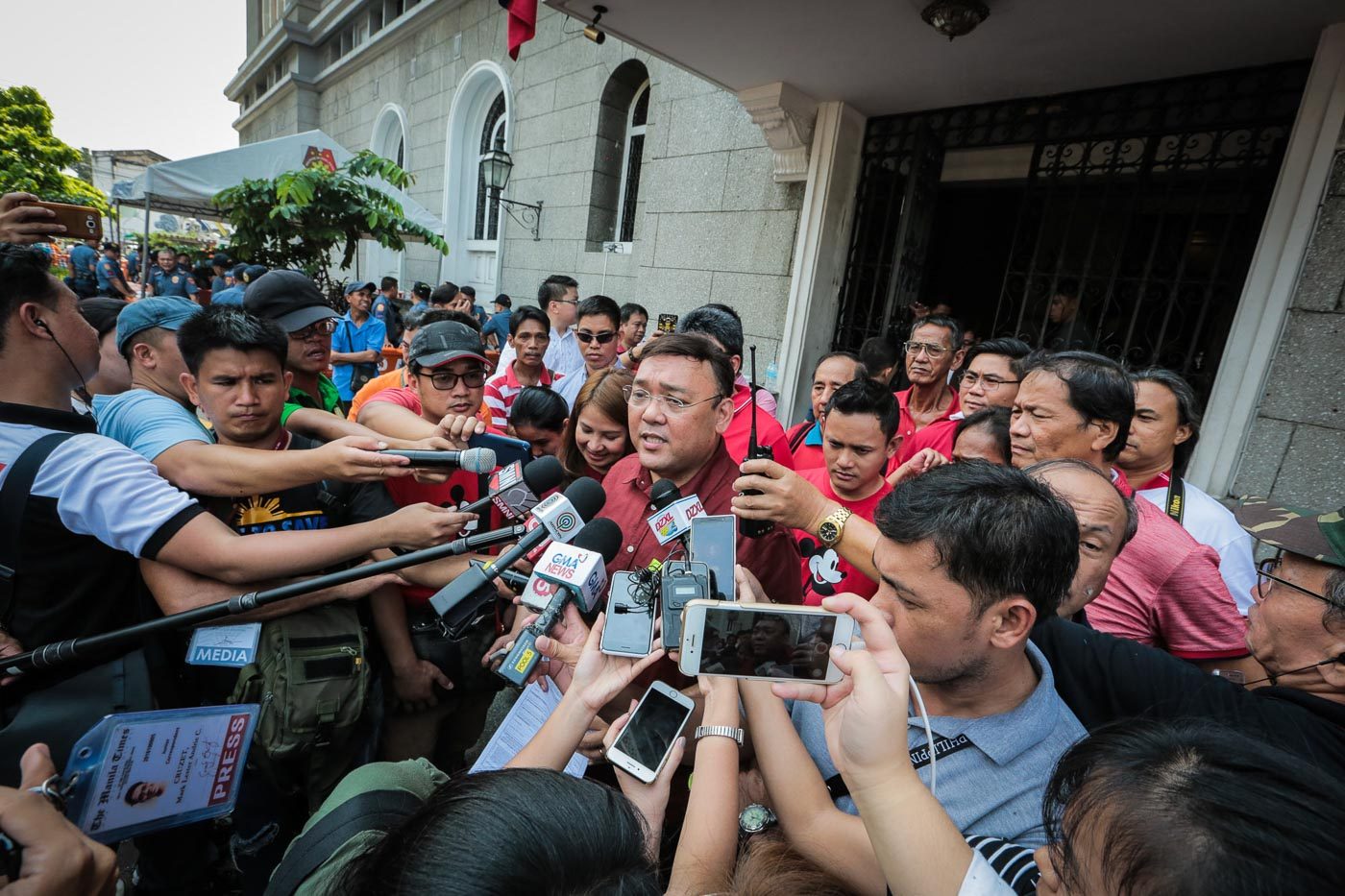 Harry Roque speaks to the media outside the Comelec office in Manila after filing his certificate of candidacy for senator on October 17, 2018. Photo by Jire Carreon/Rappler 