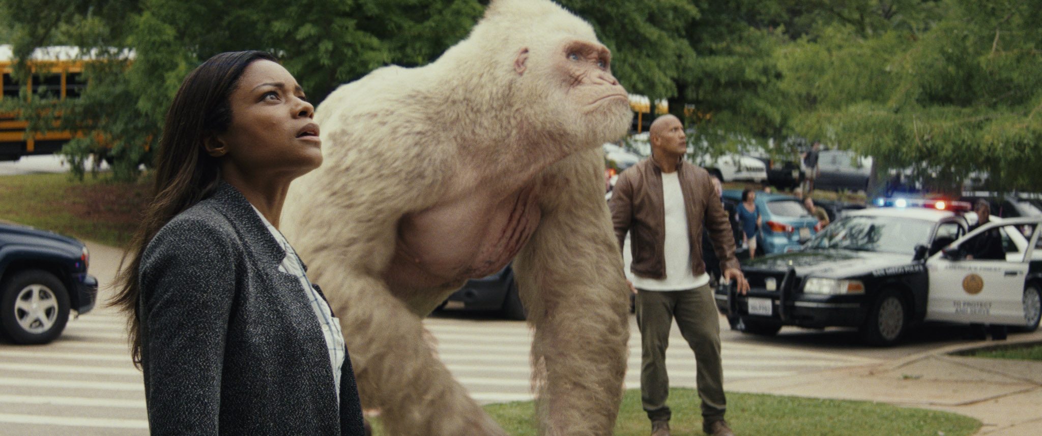 DISASTER IN WAITING. Naomi Harris and Dwayne Johnson in a scene from 'Rampage.' 