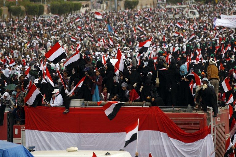 Rebel supporters flood Yemen streets on conflict anniversary