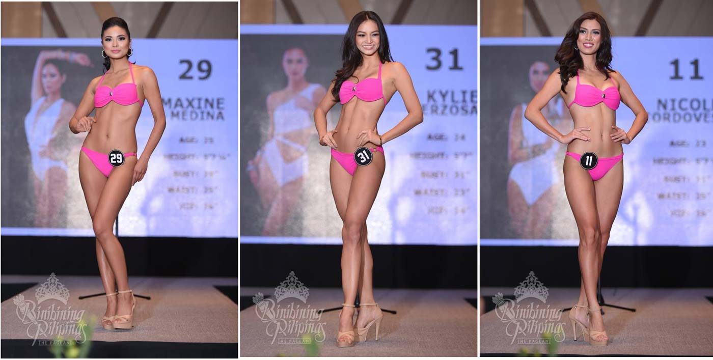 FIRST TIME. The DR Swim fuschia two piece swimsuits worn during the 2016 Press Presentation seen here on then aspiring Binibinis Maxine Medina (Miss Universe Philippines 2016), Kylie Versoza (Miss International 2016) and Nicole Cordoves (Miss Grand International 2016 1st Runner-up). Photos from Bb Pilipinas  