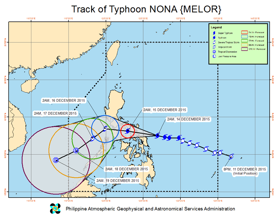 HITTING LUZON. Here's the latest forecast track of Typhoon Nona. Image from PAGASA 