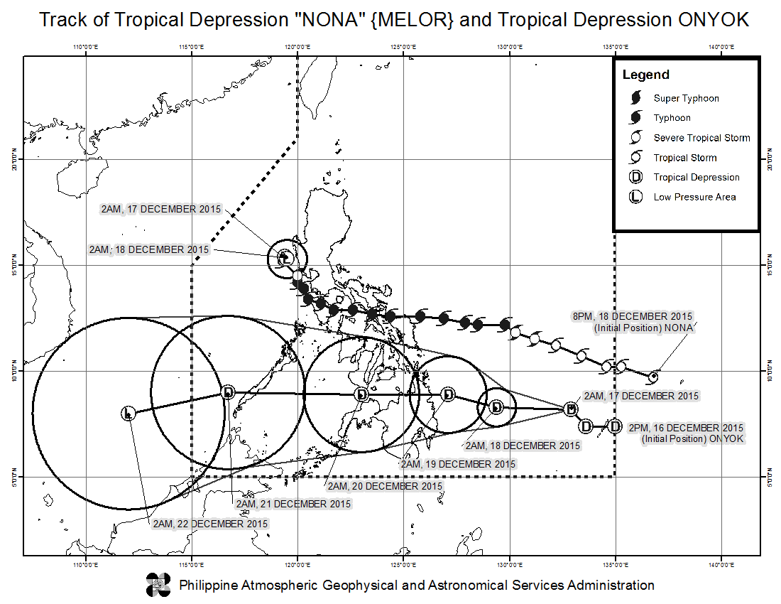 CYCLONES' PATHS. Here are the latest projected movements of both Nona and Onyok. Image from PAGASA 