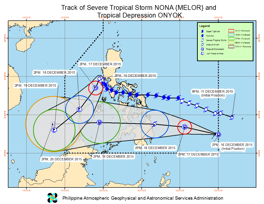 CYCLONES' PATHS. Here are the latest forecast tracks for both Nona and Onyok. Image from PAGASA 