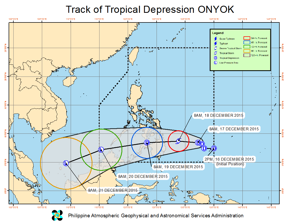 FORECAST TRACK. Here's the latest projected movement of Tropical Depression Onyok. Image from PAGASA 