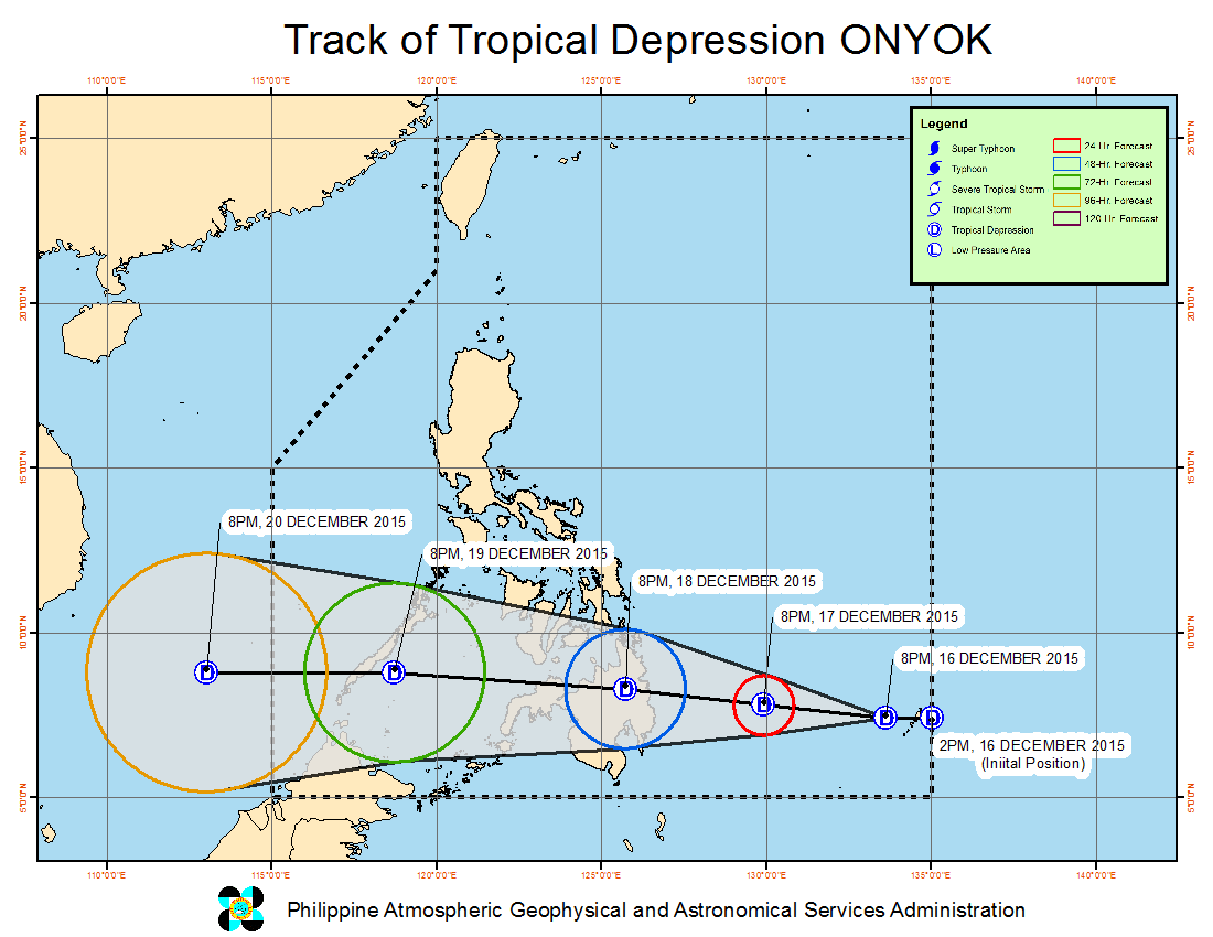 FORECAST TRACK. Here's the latest projected movement of Tropical Depression Onyok. Image from PAGASA  