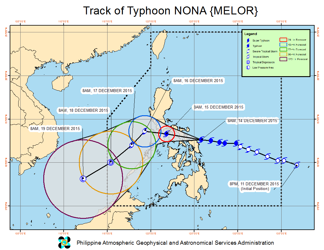 FORECAST TRACK. Typhoon Nona will make its second landfall in Sorsogon on December 14. Image from PAGASA 