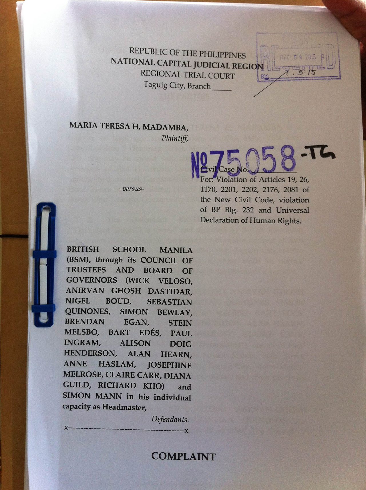 3RD COMPLAINT. The damage suit filed before the Taguig Regional Trial Court Friday, December 4, is the 3rd complaint filed by Trixie Madamba against the British School Manila. Photo from Trixie Madamba  