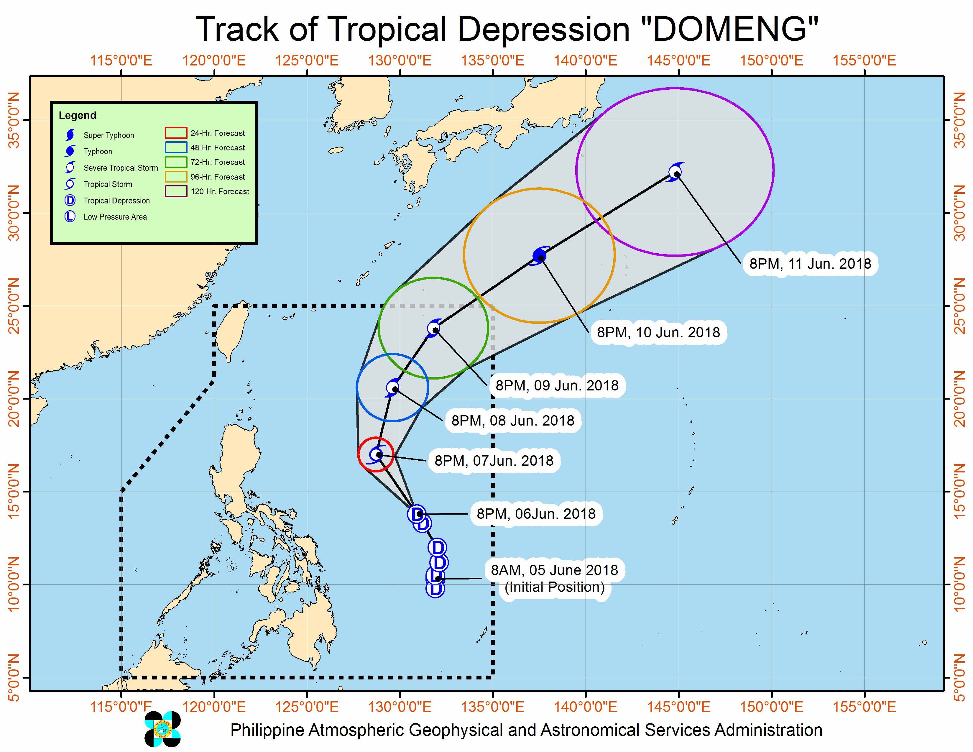 Forecast track of Tropical Depression Domeng as of June 6, 2018, 11 pm. Image courtesy of PAGASA 