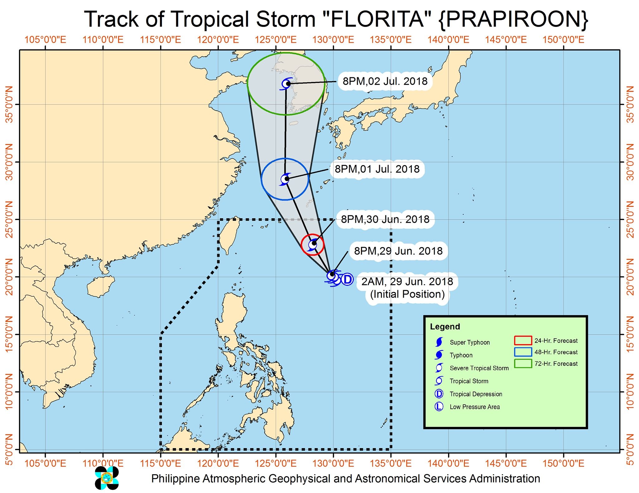 Forecast track of Tropical Storm Florita (Prapiroon) as of June 29, 2018, 11 pm. Image courtesy of PAGASA 