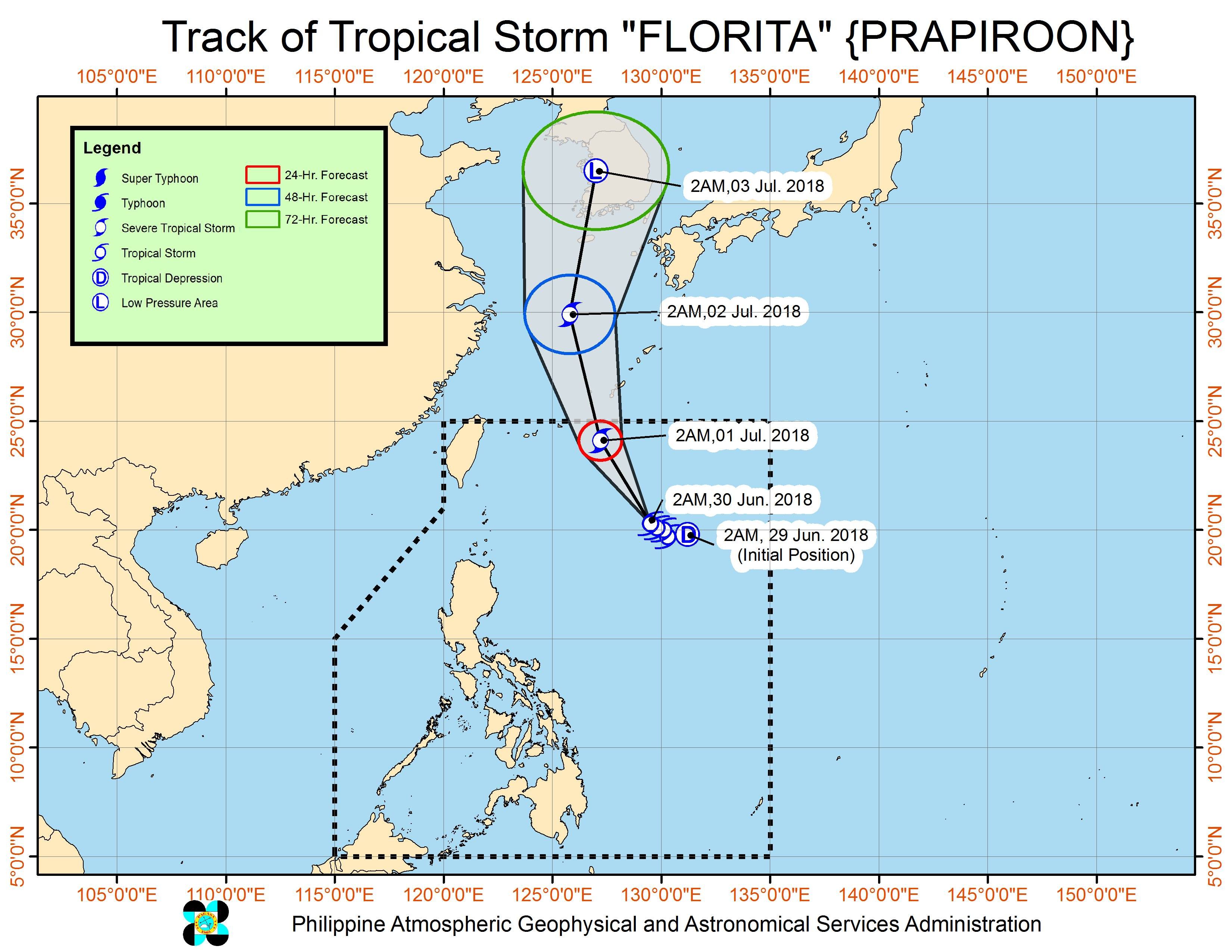 Forecast track of Tropical Storm Florita (Prapiroon) as of June 30, 2018, 4 am. Image courtesy of PAGASA 