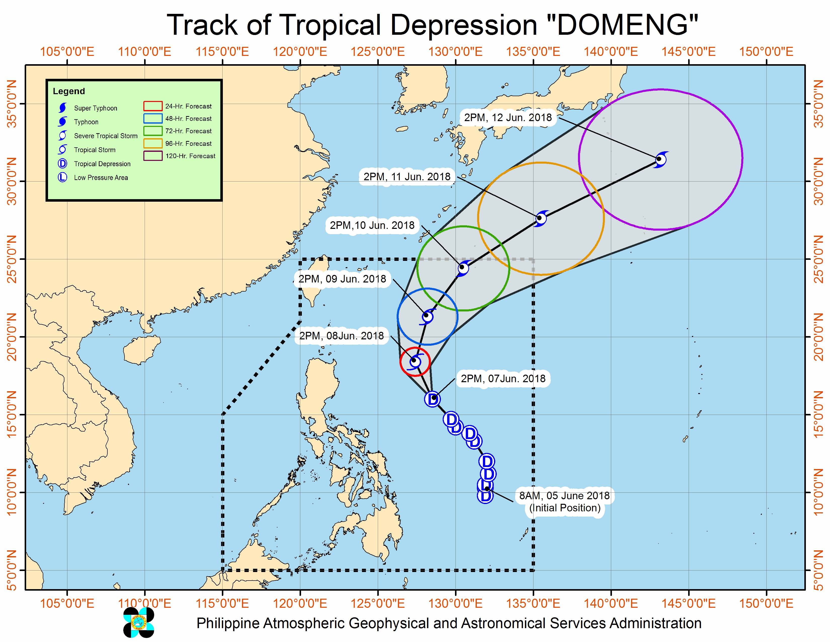 Forecast track of Tropical Depression Domeng as of June 7, 2018, 4 pm. Image courtesy of PAGASA 