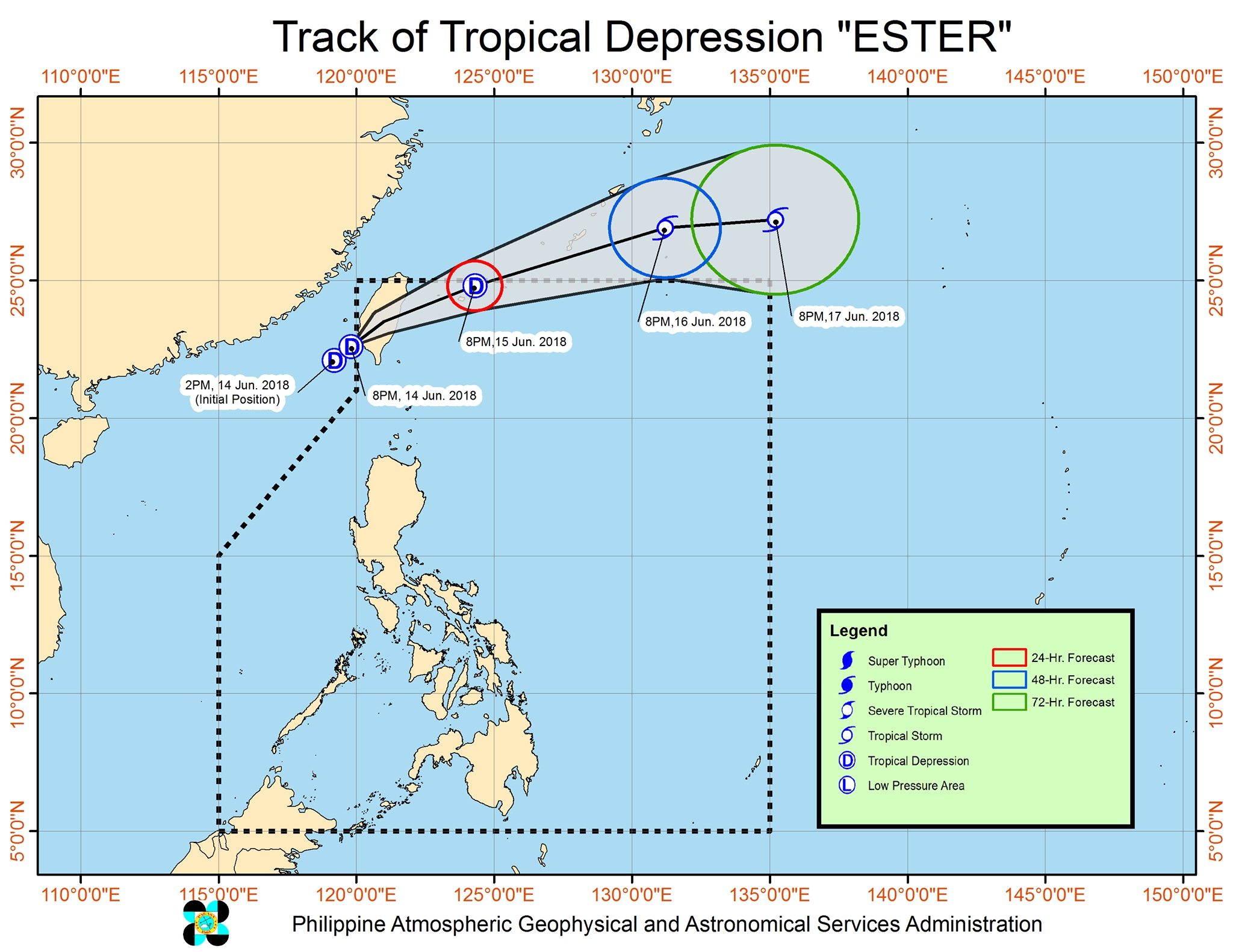 Forecast track of Tropical Depression Ester as of June 14, 2018, 11 pm. Image courtesy of PAGASA 