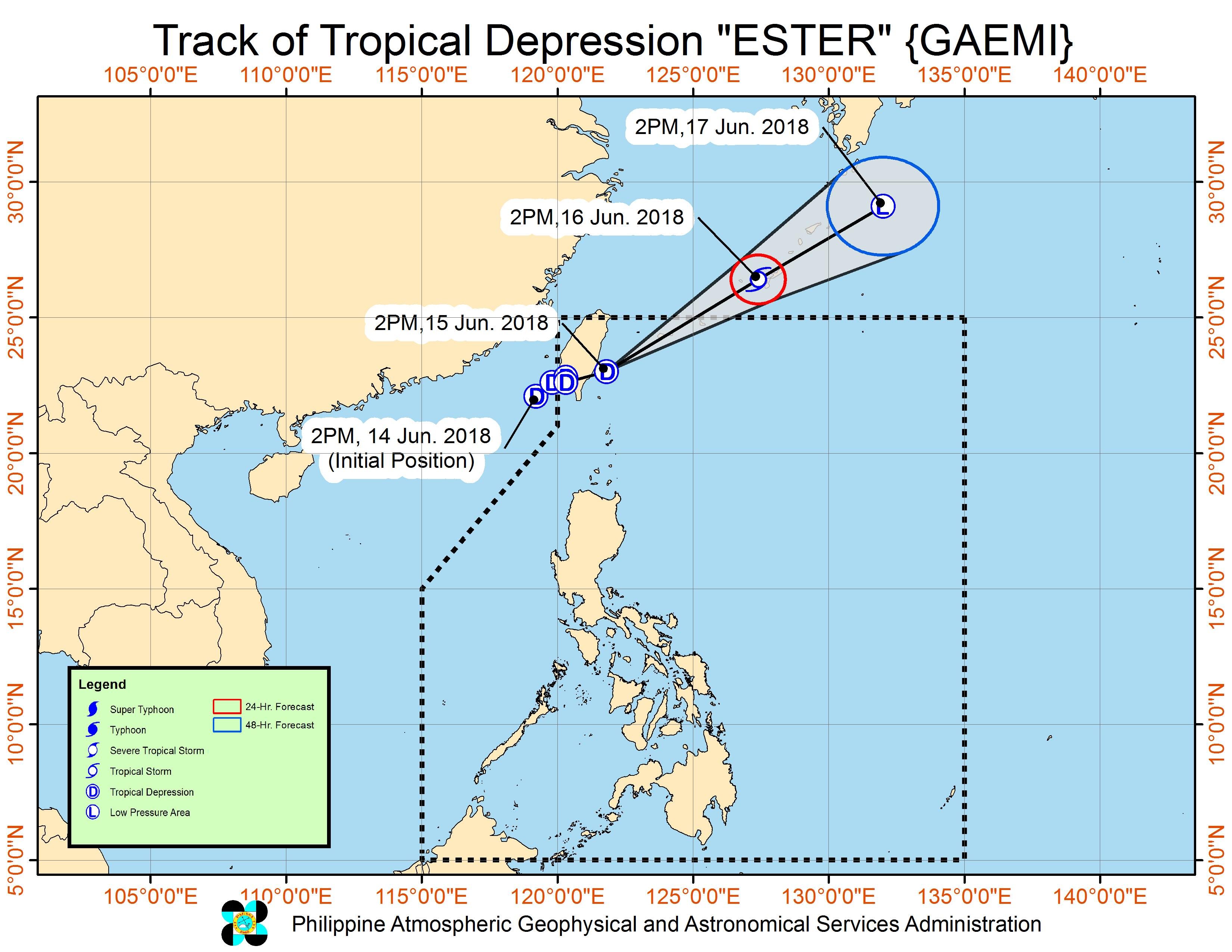 Forecast track of Tropical Depression Ester as of June 15, 2018, 5 pm. Image courtesy of PAGASA 