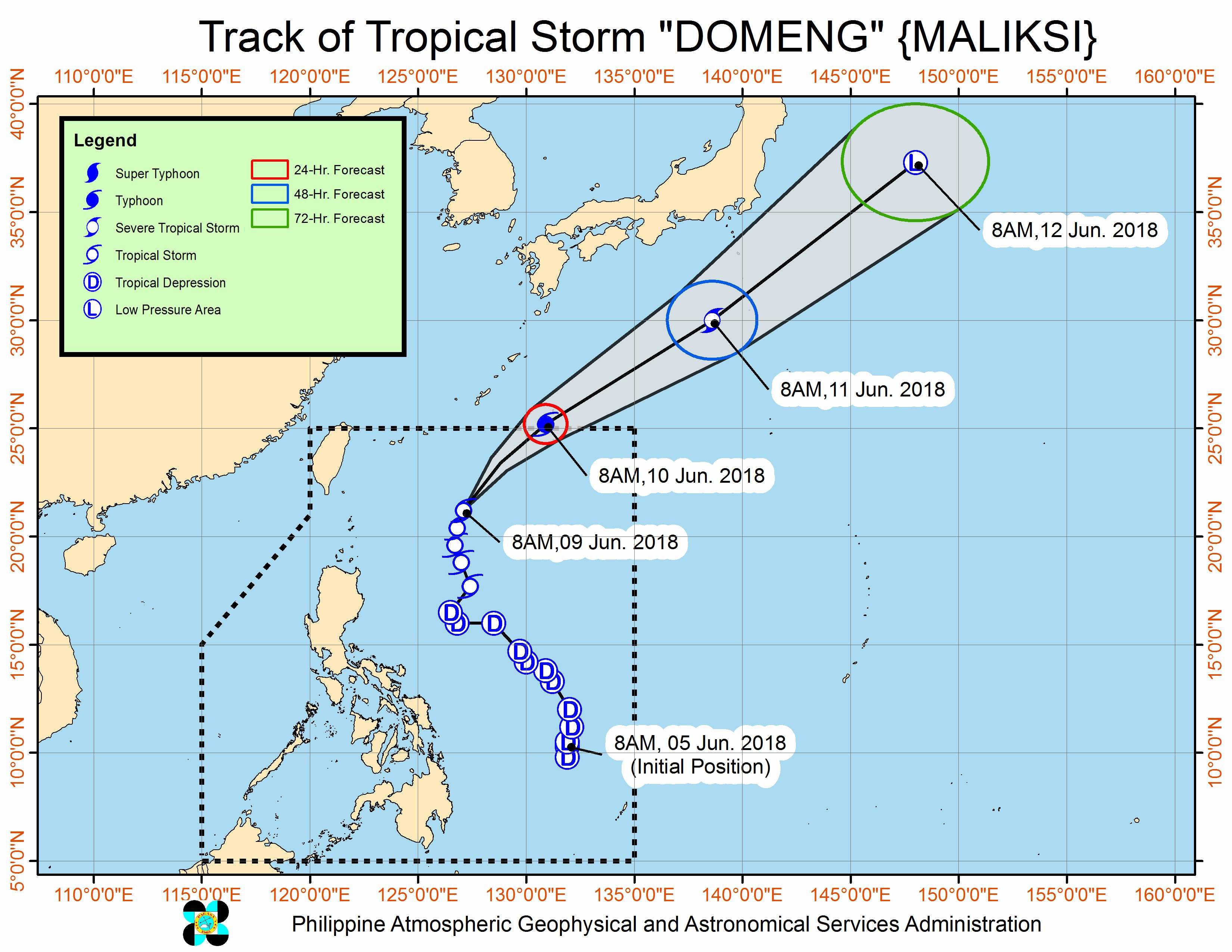 Forecast track of Tropical Storm Domeng (Maliksi) as of June 9, 2018, 11 am. Image courtesy of PAGASA 