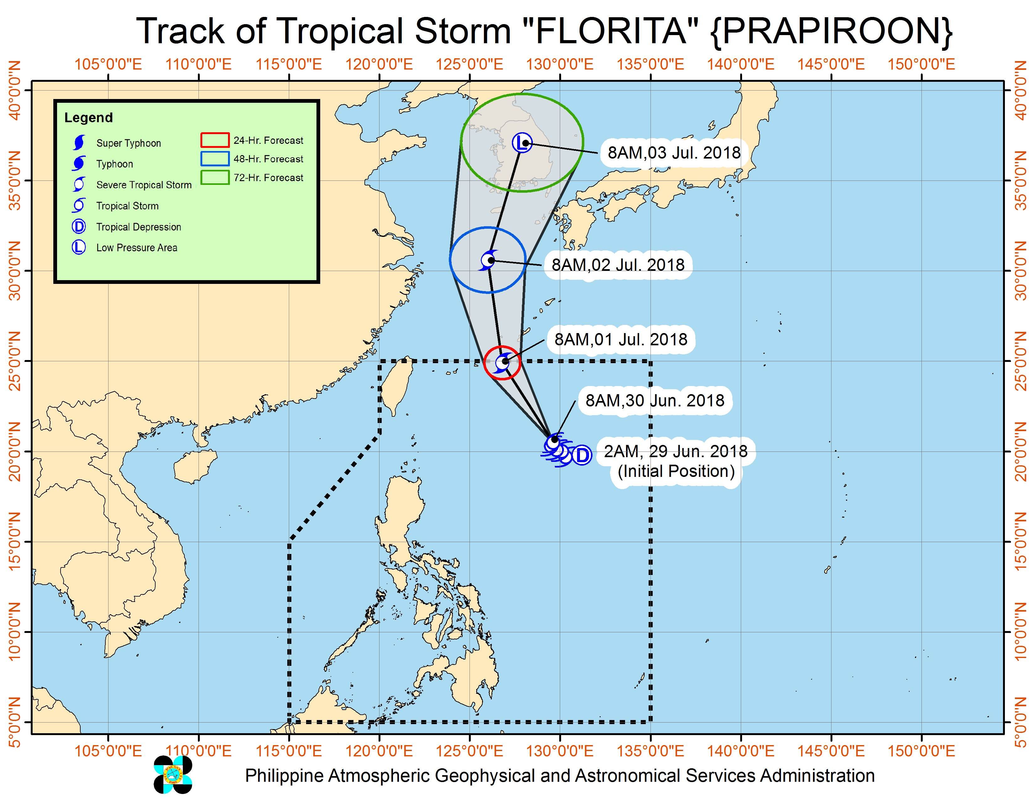 Forecast track of Tropical Storm Florita (Prapiroon) as of June 30, 2018, 11 am. Image courtesy of PAGASA 